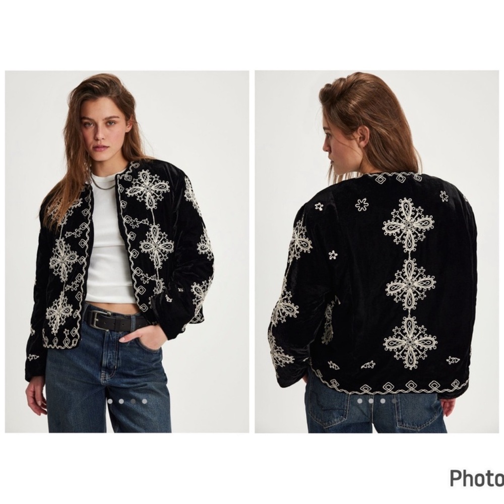 Free People Mia Jacket Velvet Black Embroidered Size Large